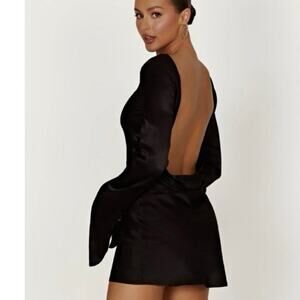 Meshki Davina Satin Mini Dress XS Black Open Back Bell Sleeve Night Out NWT